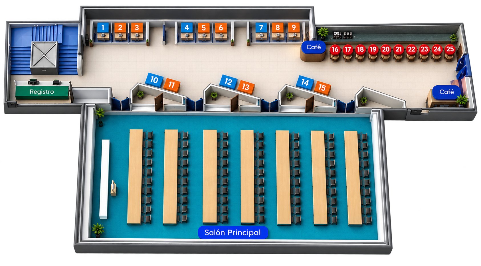 Plano isométrico del evento: registro, salón principal, dos estaciones de café y stands numerados del 1 al 25